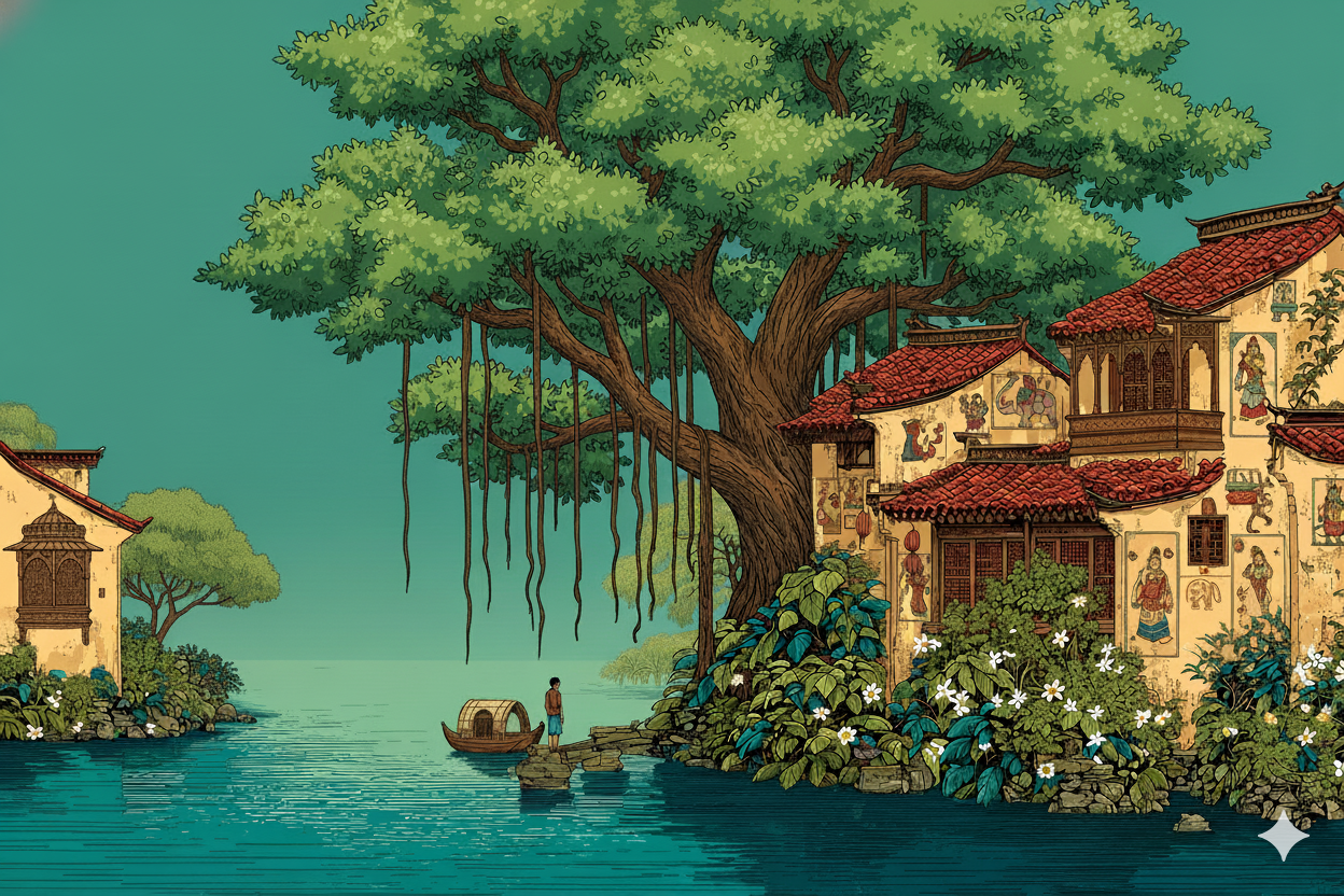 Illustration of riverside villa under a banyan tree